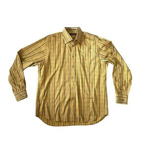 Tommy Bahama Island Soft Gold Blue Plaid Cotton Button Up Long Sleeves Size XL